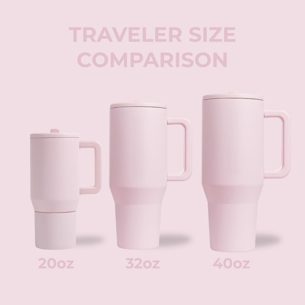 Hydrojug Traveler - 40 Oz Water Bottle with Handle & Flip Straw - Fits in Cup Holder, Leak Resistant Tumbler-Reusable Insulated Stainless Steel & Rubber Base - Gifts for Women & Men, Pink Sand