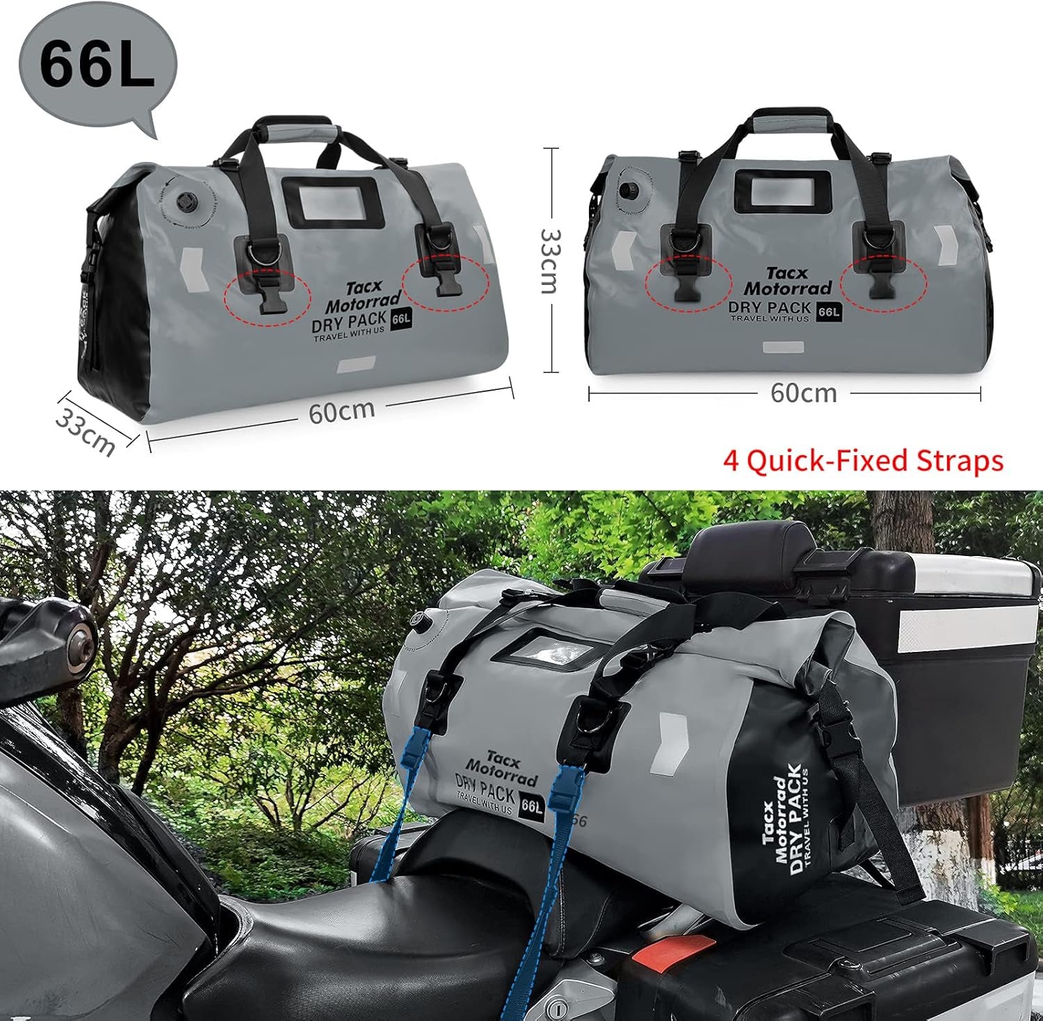 Waterproof Duffel Bag for Men/Women, Roll-Top Dry Backpack Duffel Bag with Quick-Fixed Straps, Motorcycle Tail Saddle Bag for Motorcycling, Rafting, Boating, Kayaking, Travel, 66L-Grey