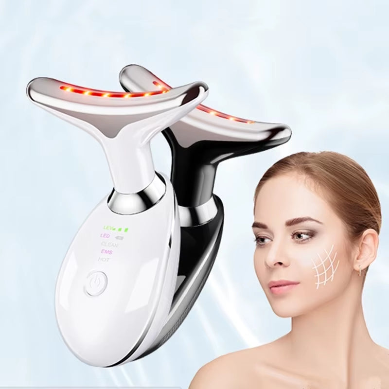 Rechargeable LED Tricolor Facial and Neck Massage Instrument Firming and Tightening Face and Neck Skin Beauty Skin Care Tool