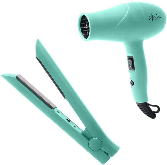 Mini Travel Set, Hair Dryer and Straightener, Teal, Dual Voltage, Compact, Includes Concentrator and Diffuser for Blowdryer
