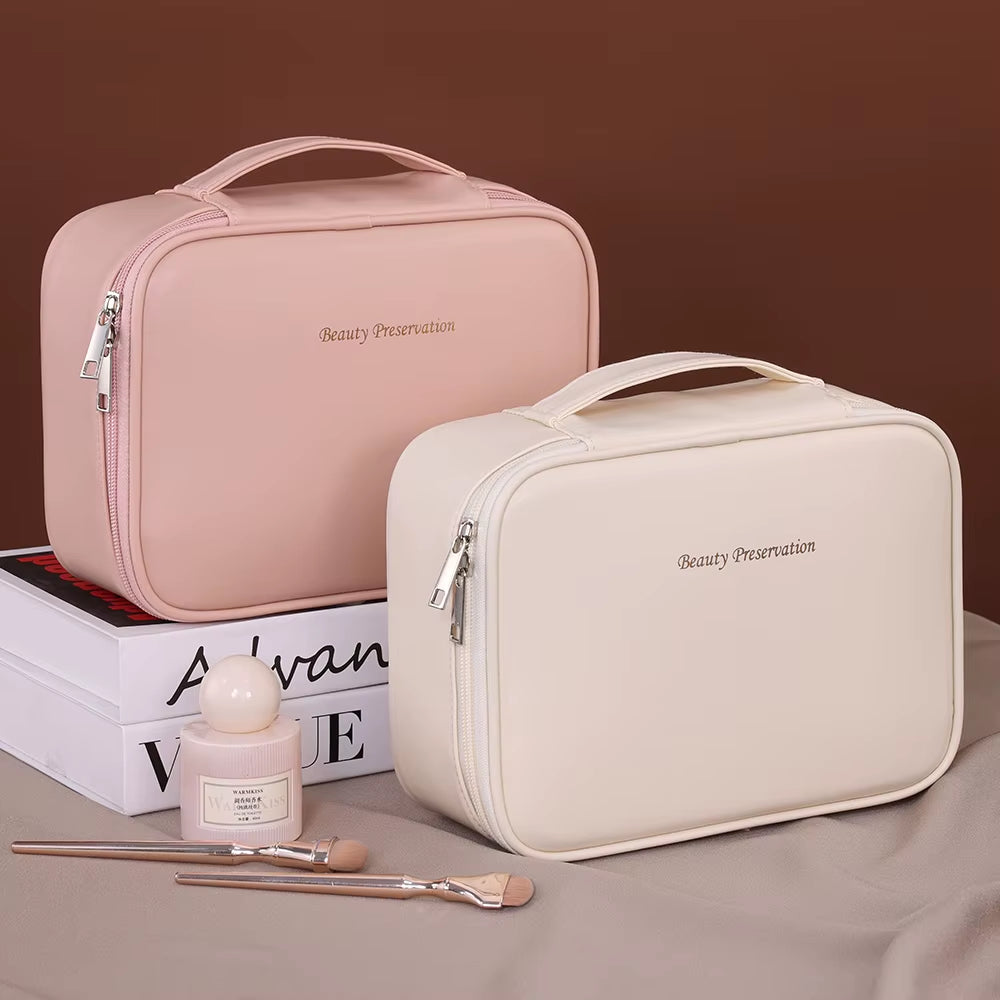 PU Leather Double Layer Makeup Bag Large Capacity Cosmetic Bag Luxury Cosmetics Organizer Women'S Travel Essentials