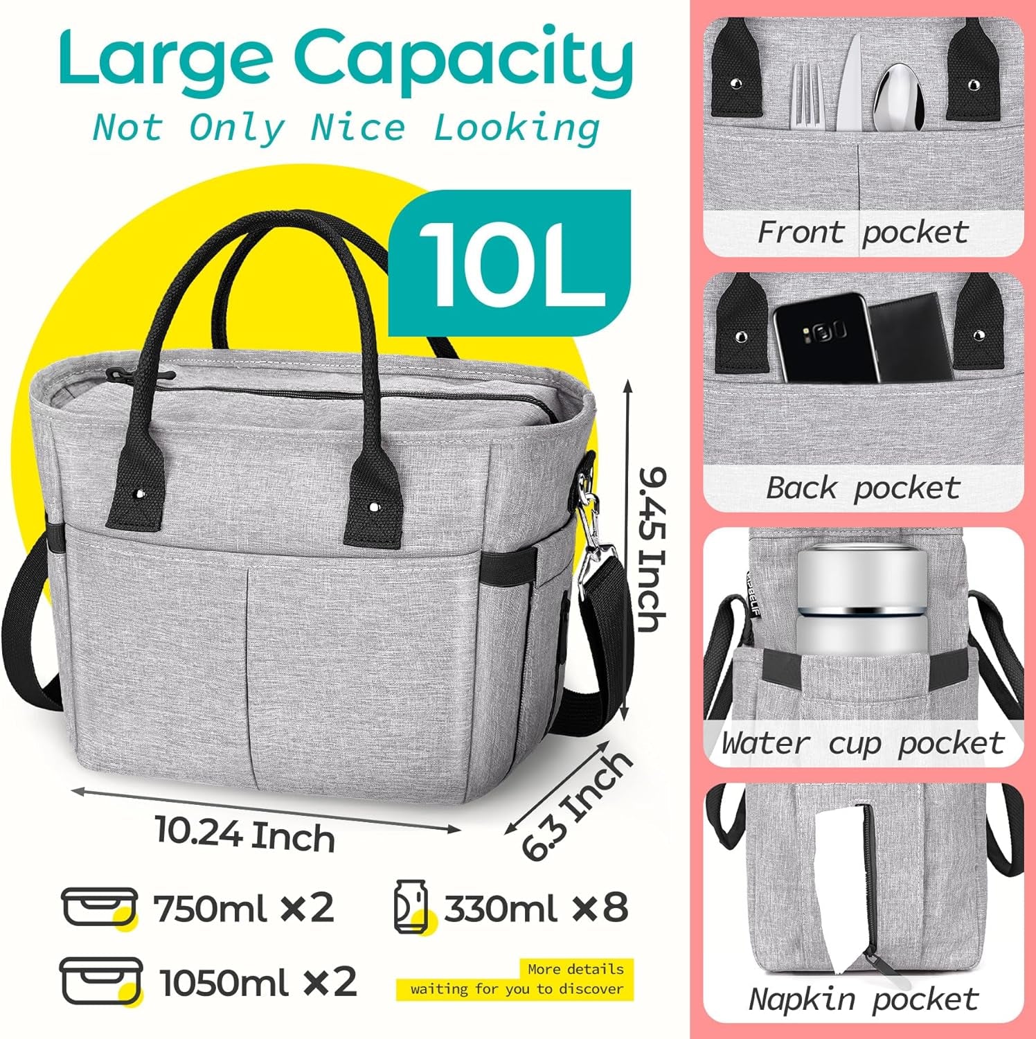 Cute&Classy Roomy Insulated Lunch Bags for Women - Stylish & Functional Large Tote Adult Lunch Box for Working & Picnic