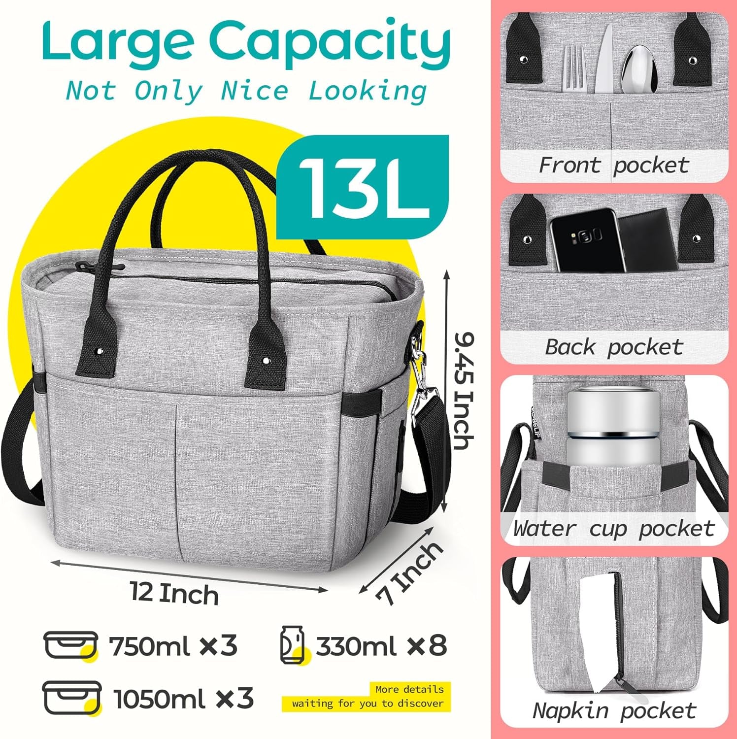 Cute&Classy Roomy Insulated Lunch Bags for Women - Stylish & Functional Large Tote Adult Lunch Box for Working & Picnic