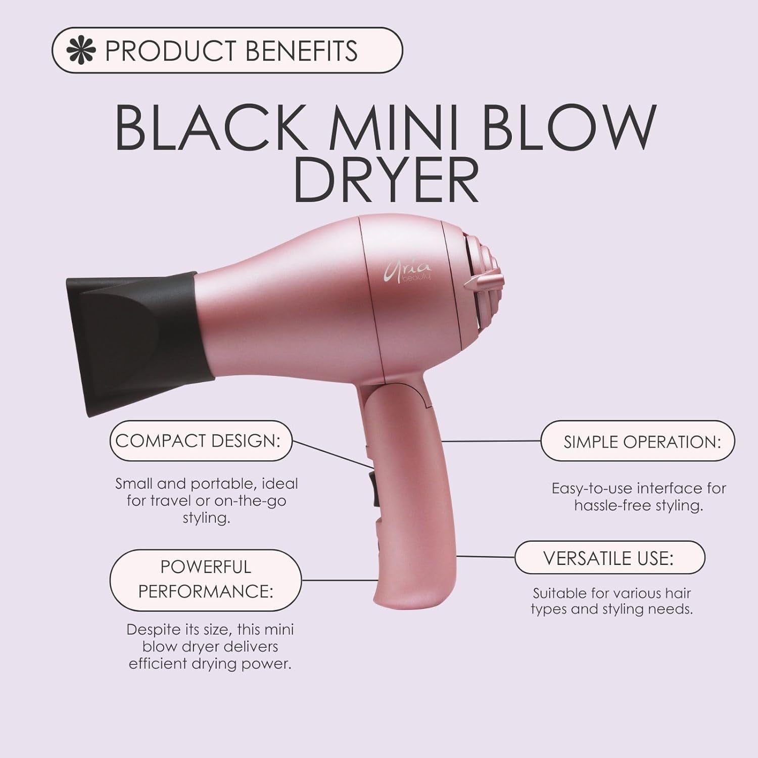 Mini Blow Dryer - Compact Travel Blow Dryer with Two Heat Settings - Negative Ions for Quick Drying, Frizz, and Static - Rose Gold - 1 Pc