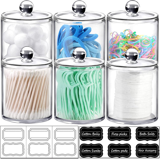 6 Pack Qtip Dispenser Apothecary Jars Bathroom with Labels - Qtip Holder Storage Canister Clear Plastic Acrylic Jar for Cotton Ball,Cotton Swab,Cotton Rounds,Floss Picks, Hair Clips (Clear)