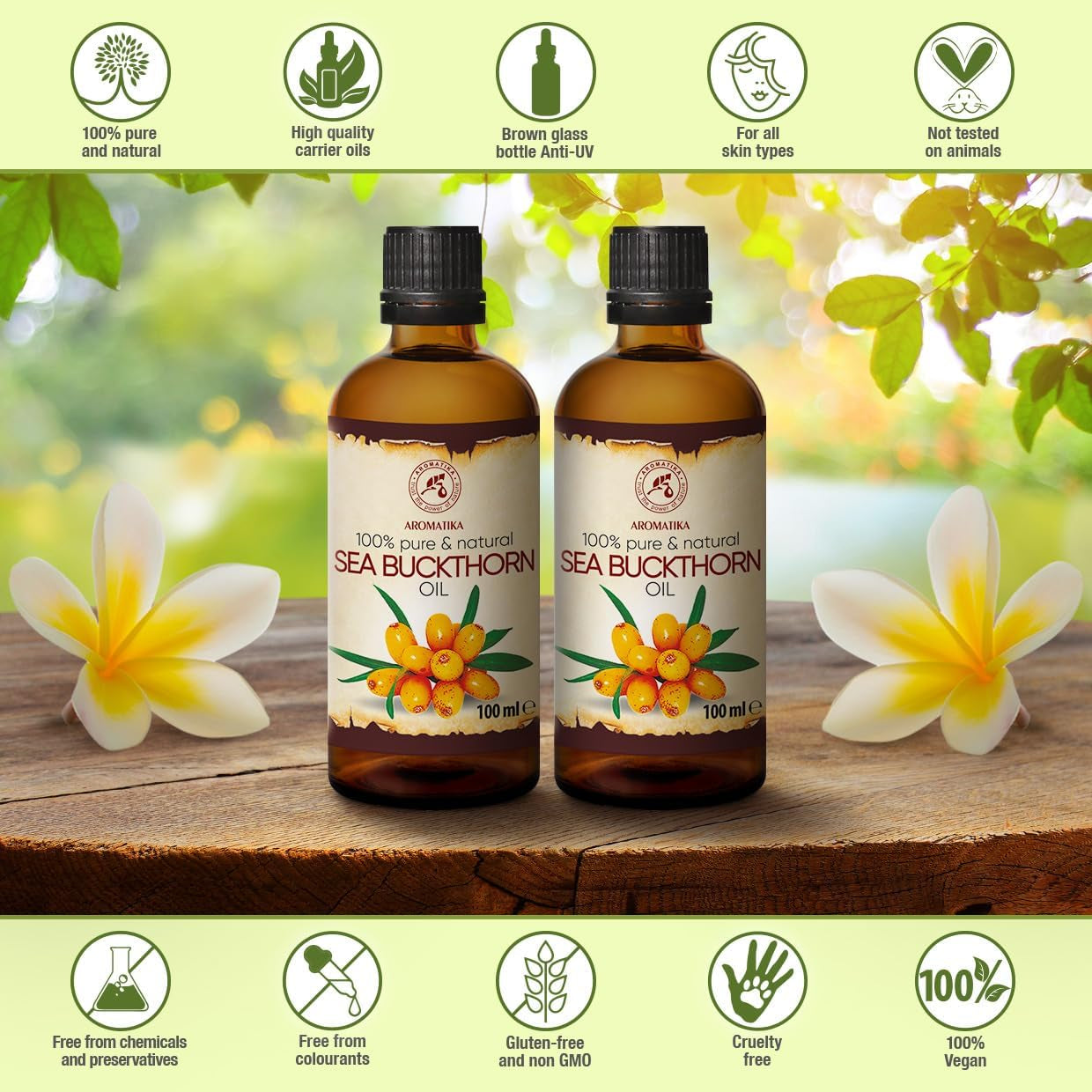 Sea Buckthorn Fruit Oil Set 2 * 100Ml - 200 Ml 100% Pure & Natural - Cold Pressed - Unrefined - Hippophae Rhamnoides Oil - Best for Hair - Face - Body - for Beauty – Relaxation for Skin