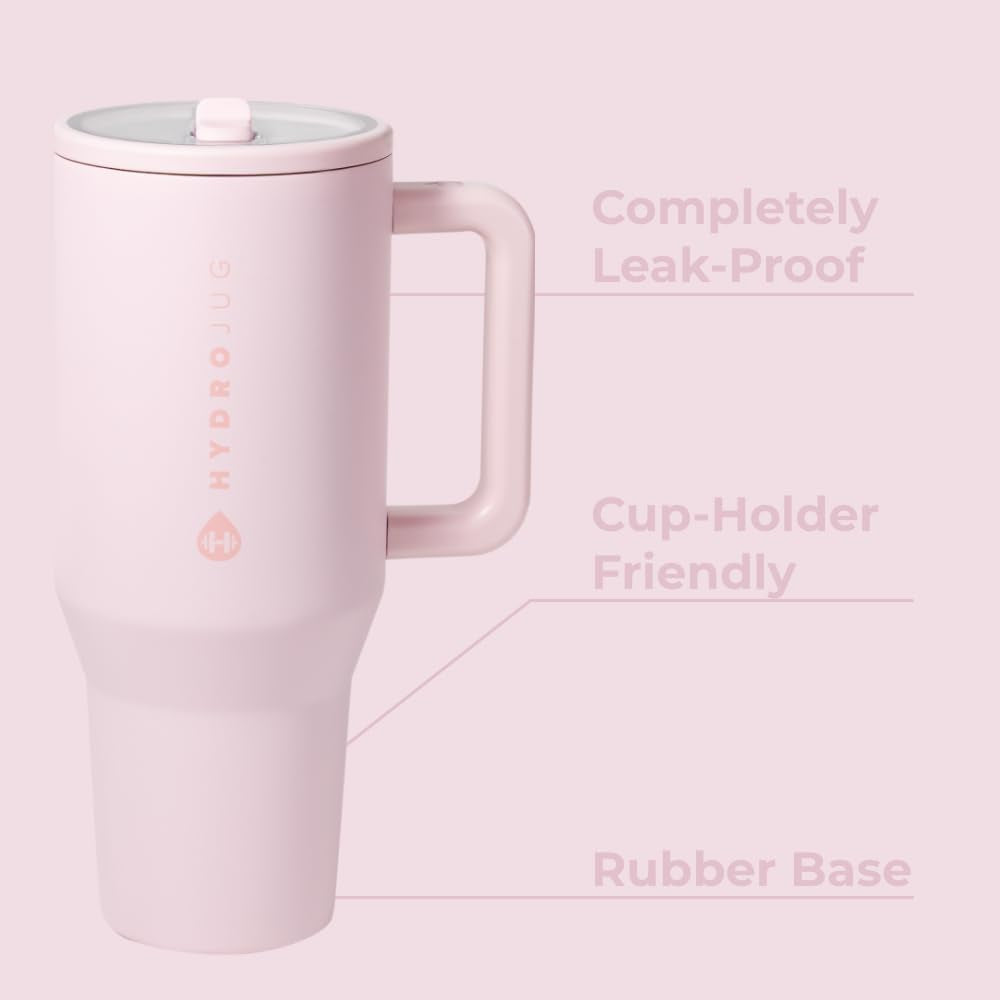 Hydrojug Traveler - 40 Oz Water Bottle with Handle & Flip Straw - Fits in Cup Holder, Leak Resistant Tumbler-Reusable Insulated Stainless Steel & Rubber Base - Gifts for Women & Men, Pink Sand