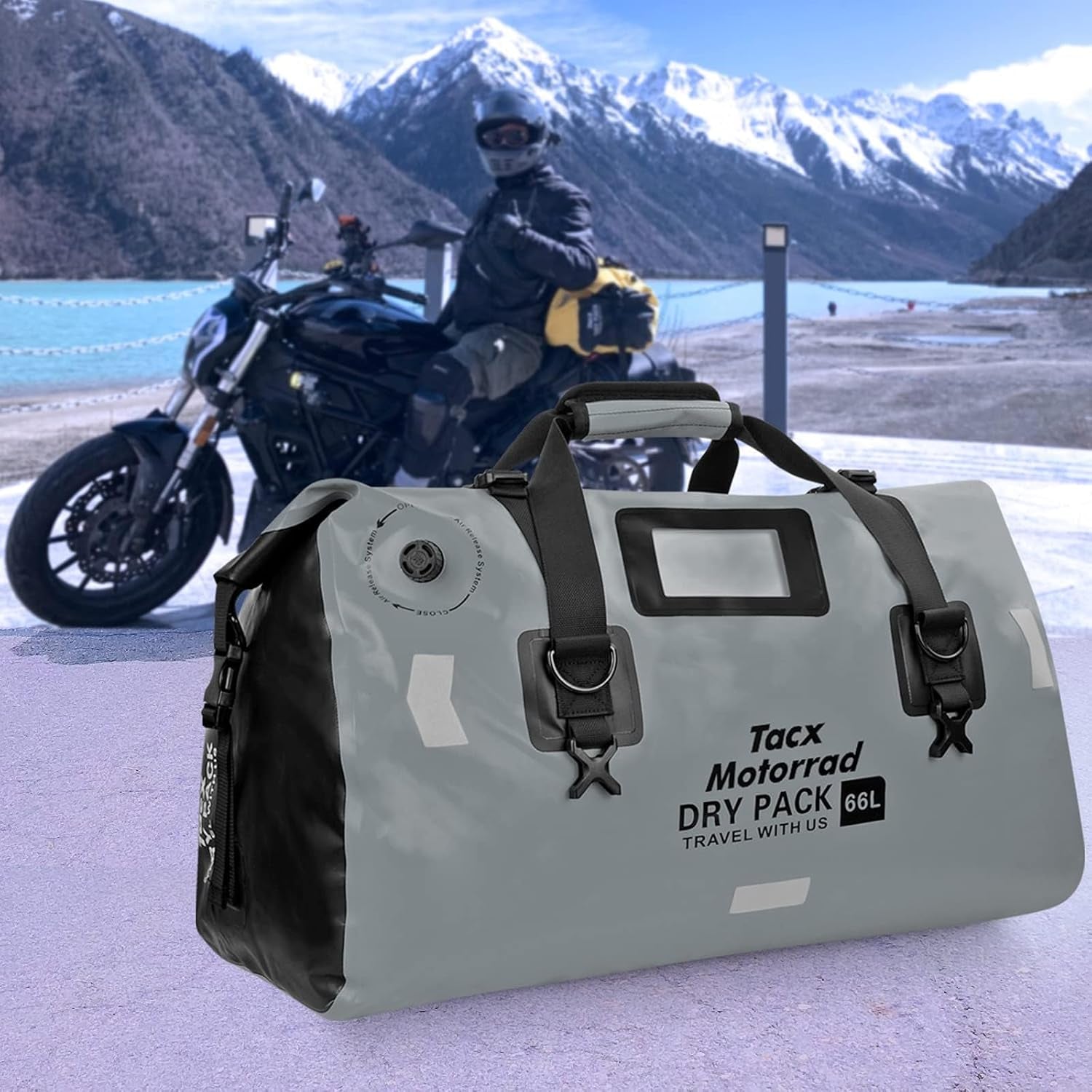 Waterproof Duffel Bag for Men/Women, Roll-Top Dry Backpack Duffel Bag with Quick-Fixed Straps, Motorcycle Tail Saddle Bag for Motorcycling, Rafting, Boating, Kayaking, Travel, 66L-Grey