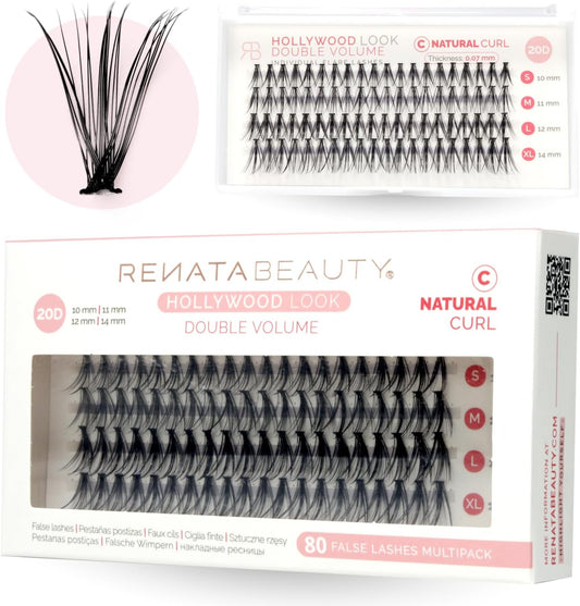 Renata Beauty 20D DOUBLE Volume [C Curl] False Eyelash Extension Kit– 80 Lash Clusters 10-14Mm – DIY Natural Looking False Flare Lashes for Home – Add Intensity and Volume – Flat-Band Technology