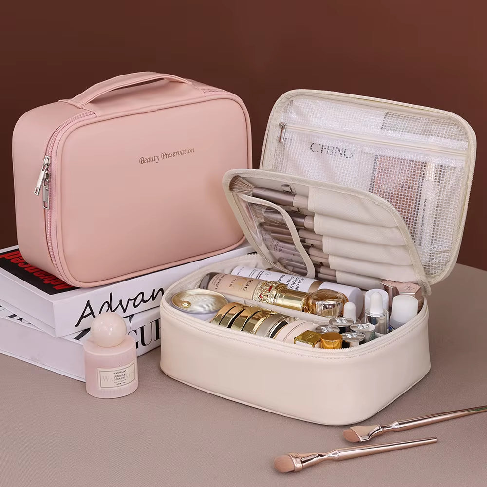 PU Leather Double Layer Makeup Bag Large Capacity Cosmetic Bag Luxury Cosmetics Organizer Women'S Travel Essentials
